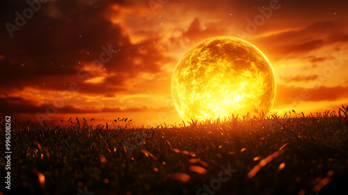 A breathtaking sunset with a glowing sun casting vibrant colors across the sky, illuminating the foreground of grass under a dramatic, cloud-filled horizon.