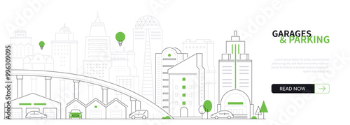 Garages and parking - modern thin line design style vector banner on white urban background. Composition with panorama of the city with buildings important for car drivers. Developed infrastructure