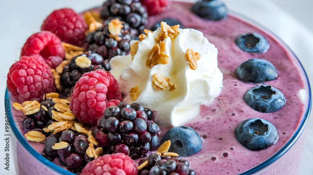 A photo of a closeup shot of a frozen berry smoothie bowl A photo of a closeup shot of a frozen berry smoothie bowl