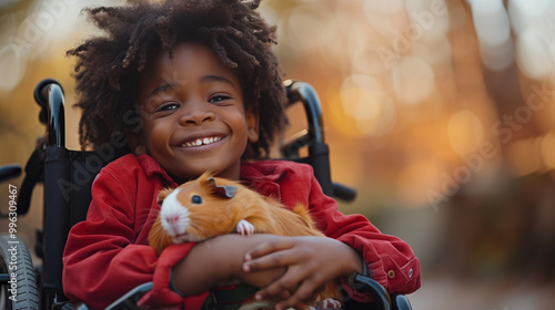 Closeup of young Black boy in a wheelchair holding his pet guinea pig outdoors. Cuddling animal pet therapy in nature, with a cute fur ball guinea pig, wellness, health, happiness, bonding, and care.