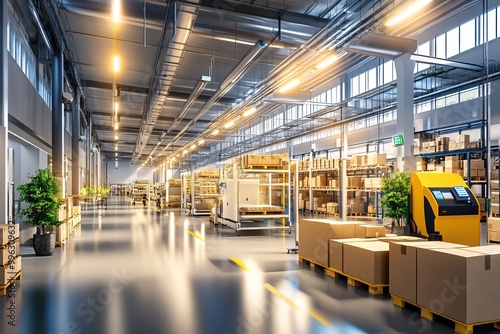 Modern Warehouse Interior with Automated Guided Vehicles and Shelving.