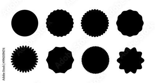 Wavy edge circle set. Vector star burst black shapes. Price tag, sale backgrounds. Blank stickers designs.