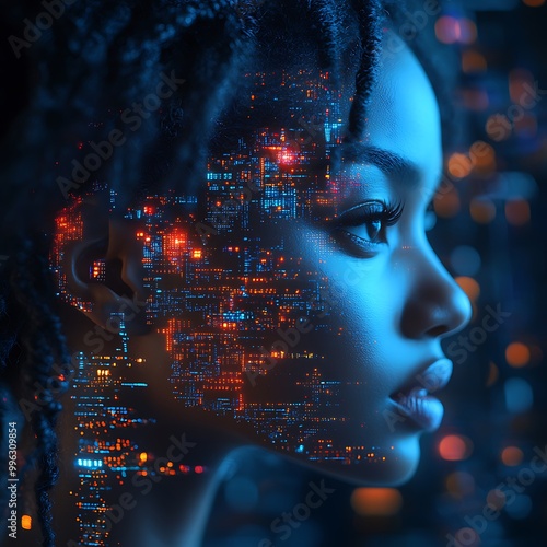 AI cyber security threat illustration, black african american female IT specialist analyzing data information technology, augmented reality artificial intelligence collage, side profile, copy space