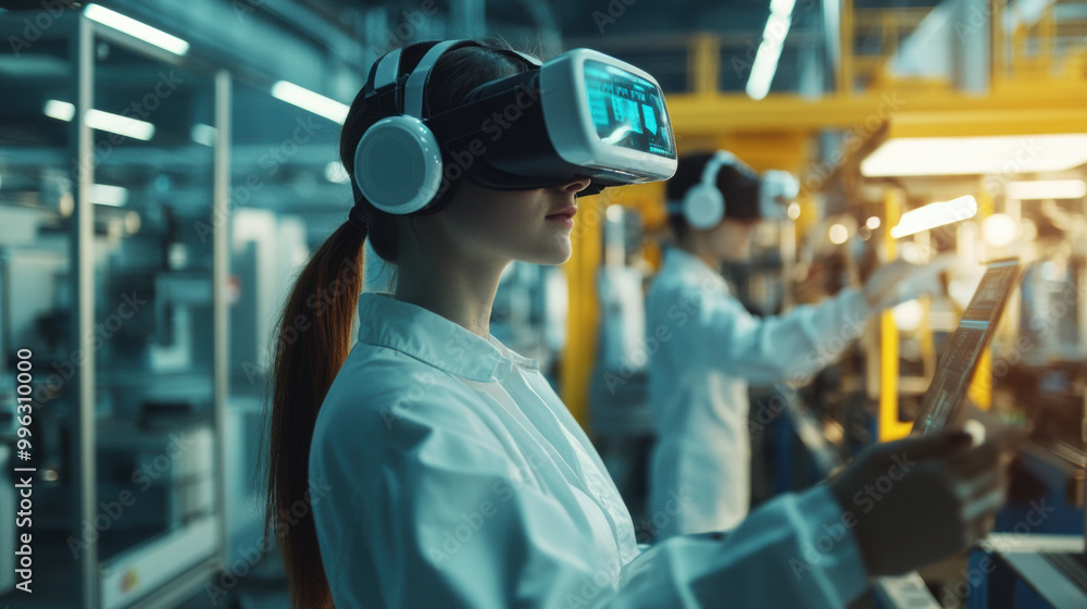 Innovative engineers using VR headsets to visualize production processes in modern industrial setting. Their focus and engagement highlight transformative power of technology in manufacturing Innovative engineers using VR headsets to visualize production processes in modern industrial setting. Their focus and engagement highlight transformative power of technology in manufacturing