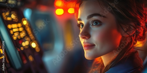 Flight attendant safety demonstration in illuminated cabin, clear instructions amidst softly blurred interior, ensuring passenger awareness and comfort