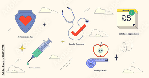 Illustration of preventative healthcare elements like a shield, stethoscope, and syringe in neubrutalism style collection.