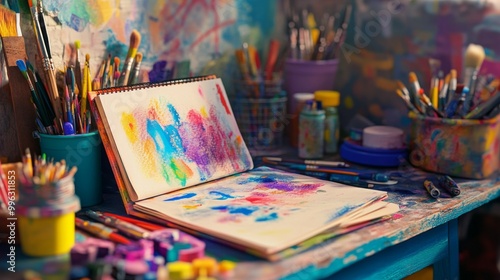 A colorful workspace featuring an open sketchbook with half-finished pages, vibrant art supplies scattered around, and soft natural light illuminating the scene