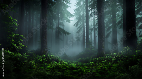 Fototapeta Naklejka Na Ścianę i Meble -  A serene forest scene enveloped in mist, showcasing tall trees and lush greenery. The tranquil atmosphere invites exploration and reflection.