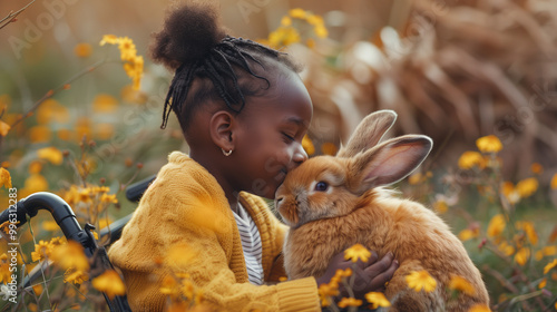 Closeup of young Black girl in a wheelchair holding her pet bunny rabbit outdoors. Cuddling animal pet therapy in nature, with a cute fur ball rabbit, wellness, health, happiness, bonding, and care.