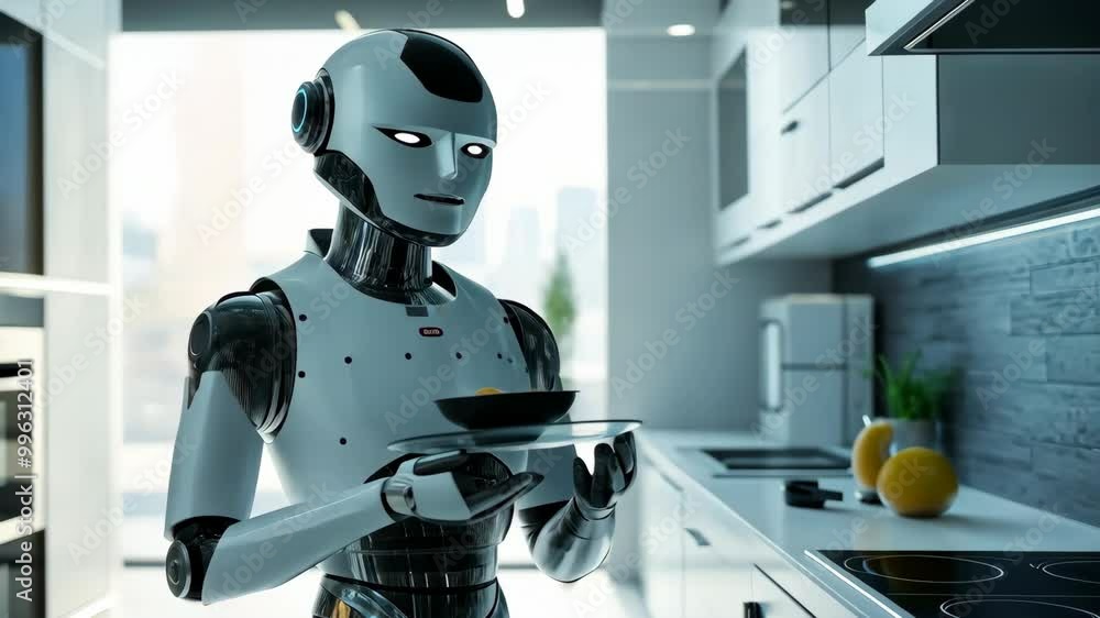 A humanoid robot standing in a modern kitchen, holding a bowl, representing advanced robotics, artificial intelligence, and the integration of technology into daily life. 4K video A humanoid robot standing in a modern kitchen, holding a bowl, representing advanced robotics, artificial intelligence, and the integration of technology into daily life. 4K video