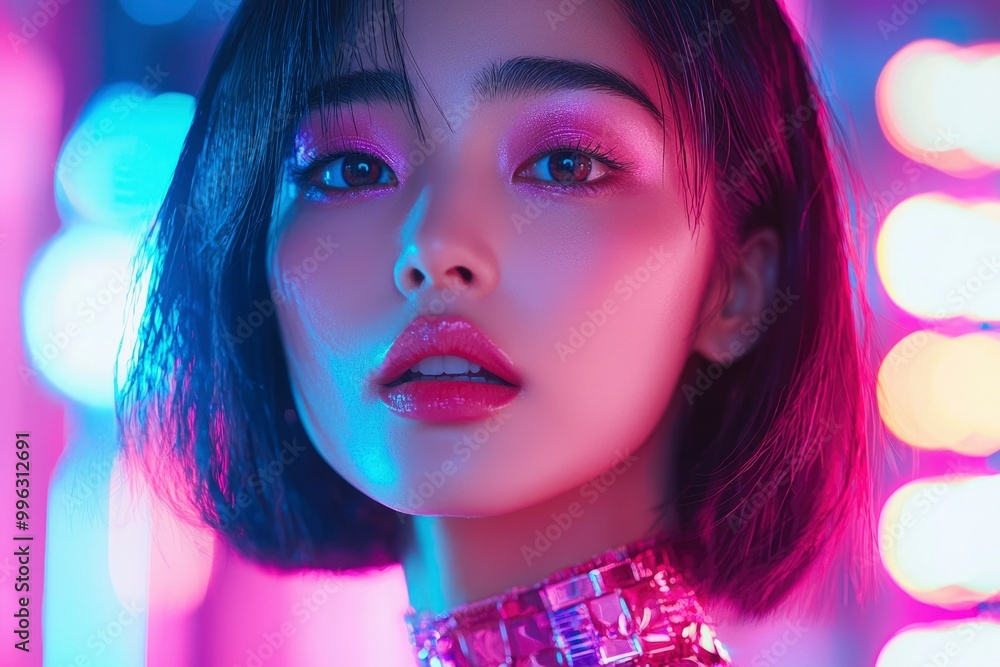 Close-up portrait of a young woman with colorful makeup and pink and blue lights Close-up portrait of a young woman with colorful makeup and pink and blue lights