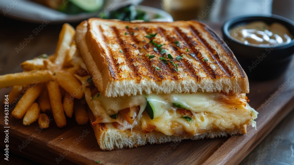 A cozy scene featuring a freshly toasted sandwich filled with cheese and vegetables, served with a side of crispy fries, evoking a warm and inviting atmosphere A cozy scene featuring a freshly toasted sandwich filled with cheese and vegetables, served with a side of crispy fries, evoking a warm and inviting atmosphere