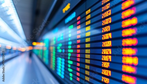 Colorful airport flight information display board, blurred background. photo