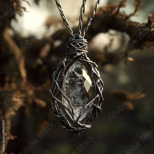 Pendant with quartz crystal wrapped in natural wire
 photo