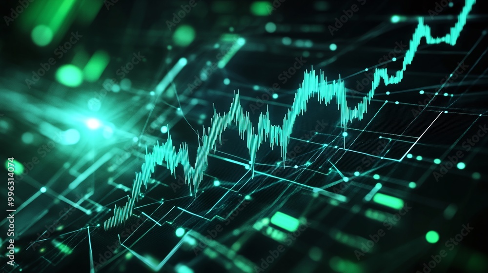 A dynamic financial graph with green lines and digital elements, representing market trends and data analysis.