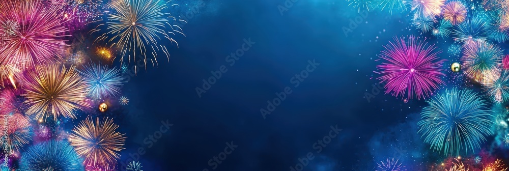 Festive Fireworks Display on Dark Blue Sky Festive Fireworks Display on Dark Blue Sky
