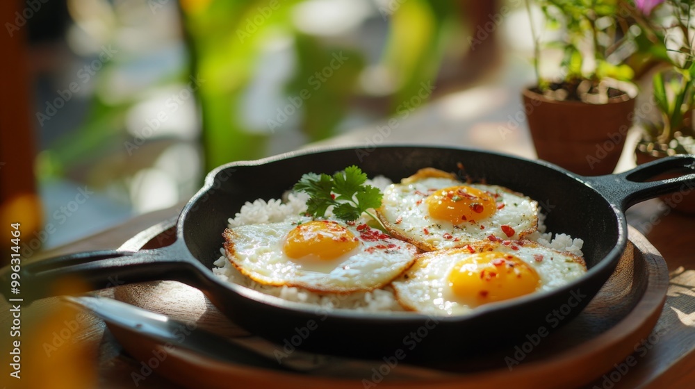 A cozy dining setup featuring a cast iron pan of fried eggs served with spicy chili sauce and a side of rice, emphasizing the comforting nature of Thai cuisine. A cozy dining setup featuring a cast iron pan of fried eggs served with spicy chili sauce and a side of rice, emphasizing the comforting nature of Thai cuisine.