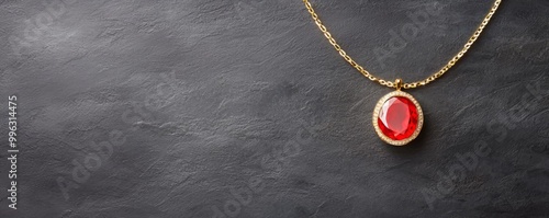 Elegant gold necklace featuring a vibrant red gemstone pendant on a stylish dark background. photo