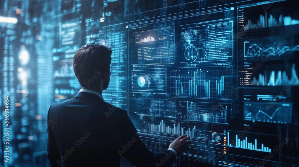 A business person delves into data analytics to uncover trends and insights, leveraging predictive big data models and real-time analysis. This process demonstrates how data-driven decisions propel in