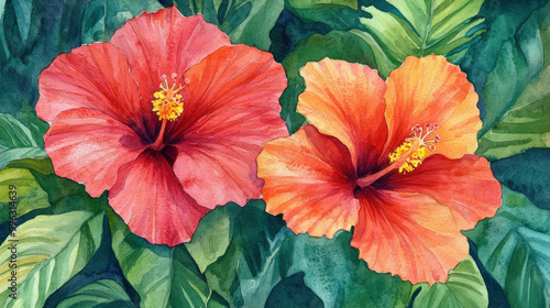 Wallpaper Mural Vibrant tropical hibiscus flowers in bold coral red hues stand out against lush green foliage, creating stunning visual display of natures beauty Torontodigital.ca