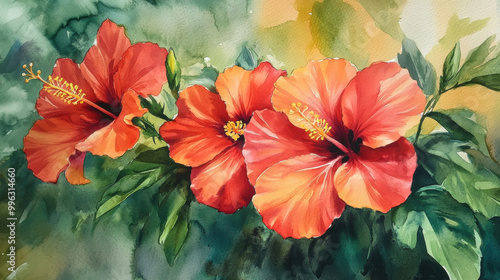 Wallpaper Mural Vibrant tropical hibiscus flowers in bold coral red hues create stunning visual impact, surrounded by lush green foliage. This artwork captures beauty and essence of nature Torontodigital.ca