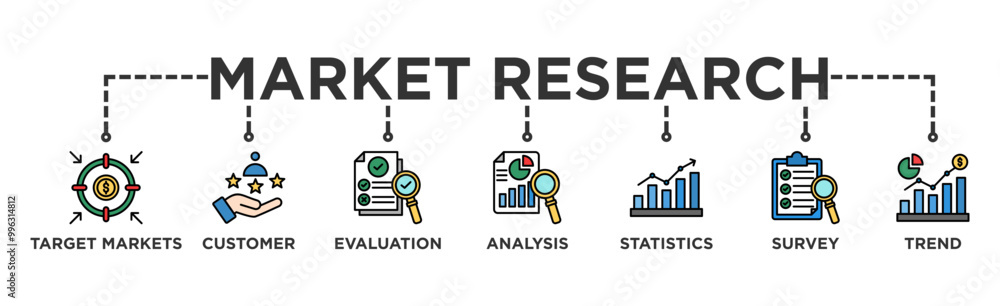 Market research banner web icon vector illustration concept with icon of target markets customer evaluation analysis statistics survey and trend Market research banner web icon vector illustration concept with icon of target markets customer evaluation analysis statistics survey and trend