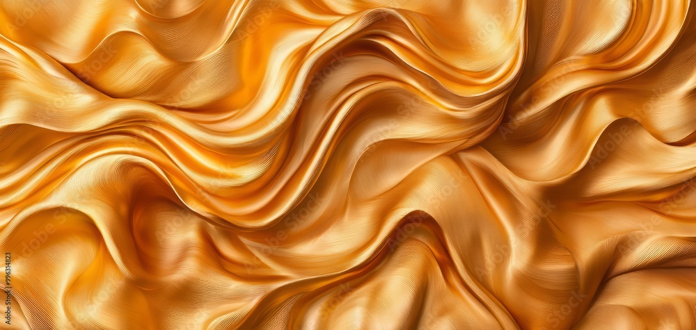 Elegant golden fabric texture showcasing rich, flowing satin waves for luxurious design and creative projects. Elegant golden fabric texture showcasing rich, flowing satin waves for luxurious design and creative projects.
