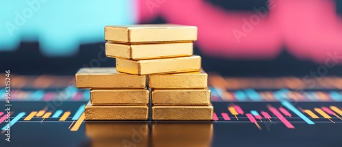 Gold bars stacked on a financial chart background. photo