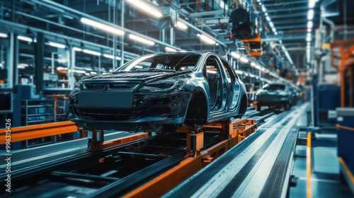 modern car manufacturing plant showcases workers assembling vehicles on advanced production line. environment is bustling with activity and precision