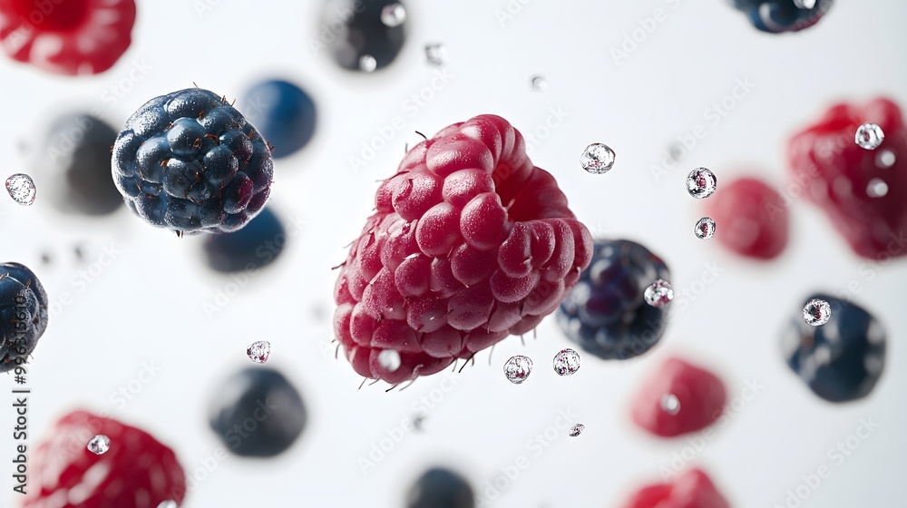 Various berries falling gracefully against a clean white backdrop full depth of field Various berries falling gracefully against a clean white backdrop full depth of field