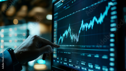 A stockbroker's hand analyzing a line graph displayed on a computer screen, representing market trends, data-driven decisions, and financial analysis in trading.






 photo