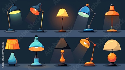 Set of table lamps different shapes and colors. Office desk lamps, night bedside table lamps, retro mid-century modern desktop lamps. Vector illustrations isolated on transparent background