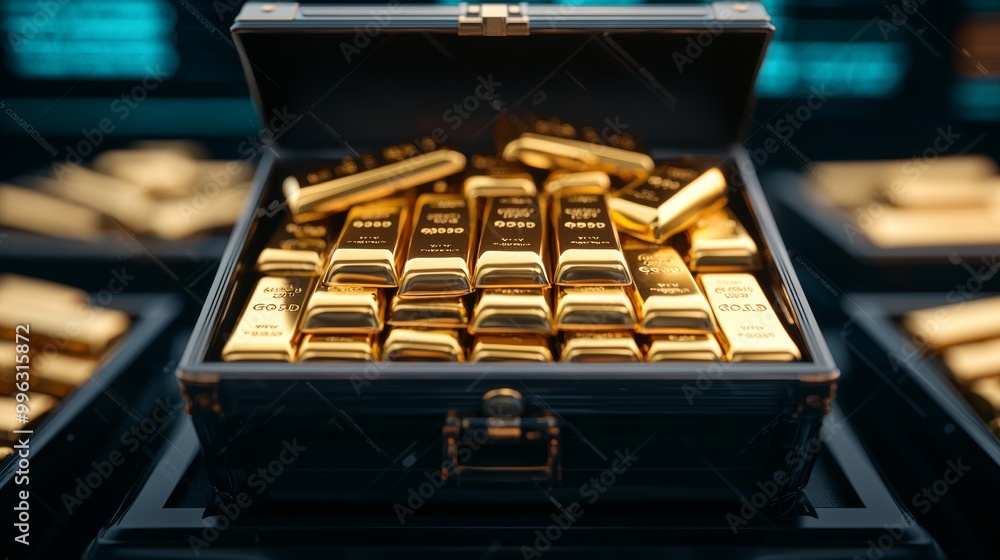 Golden bars stacked in an open black case, luxury investment concept Golden bars stacked in an open black case, luxury investment concept