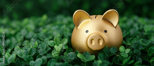 Golden piggy bank tucked amidst lush green leaves, symbolizing savings and prosperity. photo