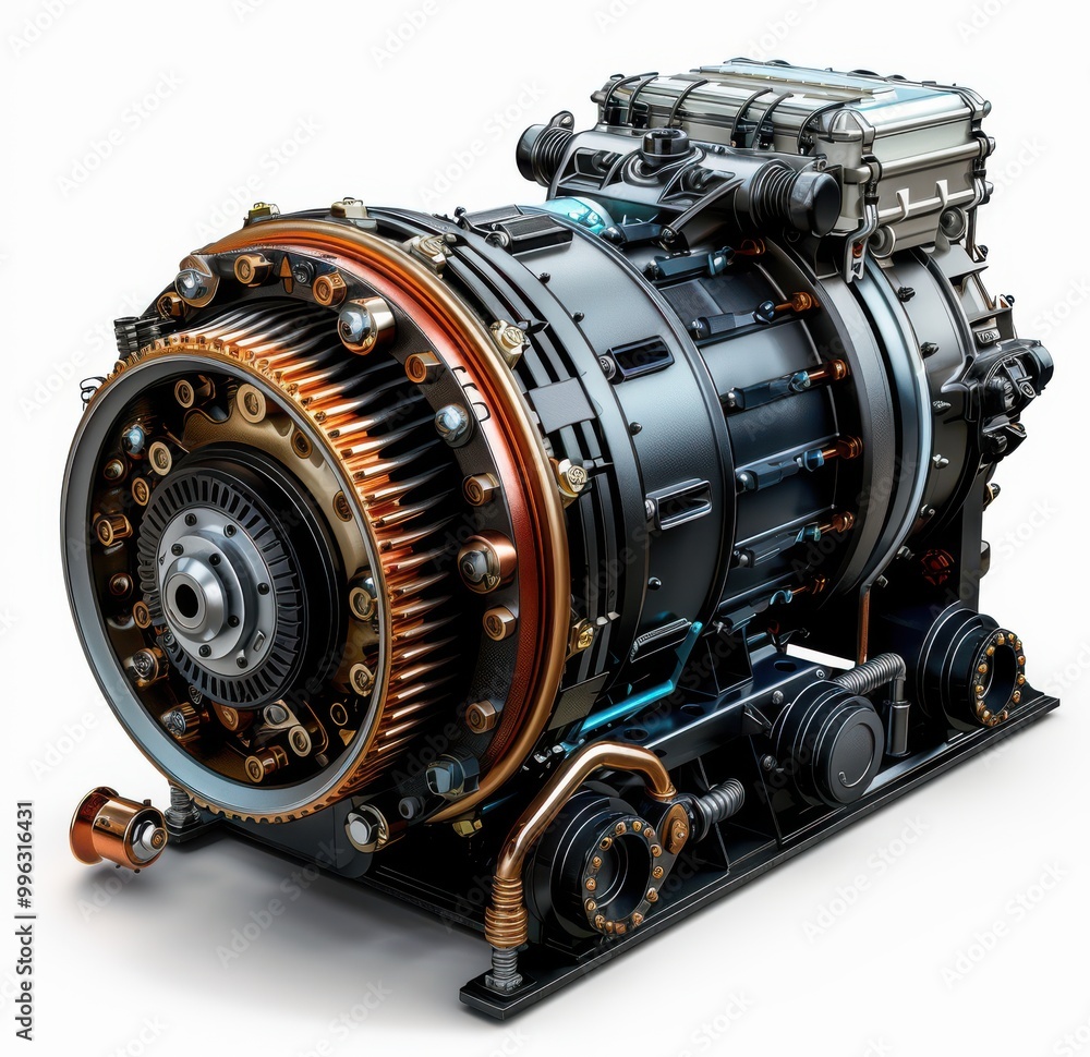 Detailed electric car engine showcasing advanced charging technology and components in a modern workshop setting Detailed electric car engine showcasing advanced charging technology and components in a modern workshop setting