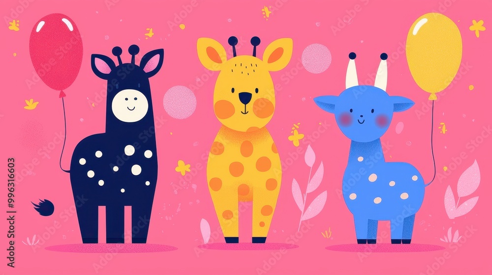 Obraz premium Playful animals with balloons, cheerful colors, flat design illustration