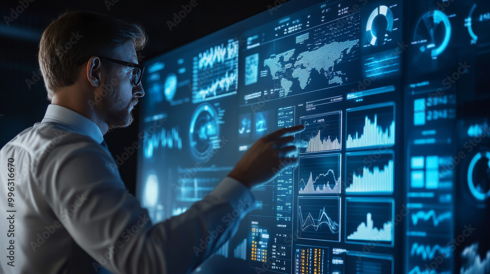 A businessman using a digital screen to analyze Key Performance Indicators (KPI), displaying various graphs and charts. This visual emphasizes data analysis and performance tracking to assess business A businessman using a digital screen to analyze Key Performance Indicators (KPI), displaying various graphs and charts. This visual emphasizes data analysis and performance tracking to assess business
