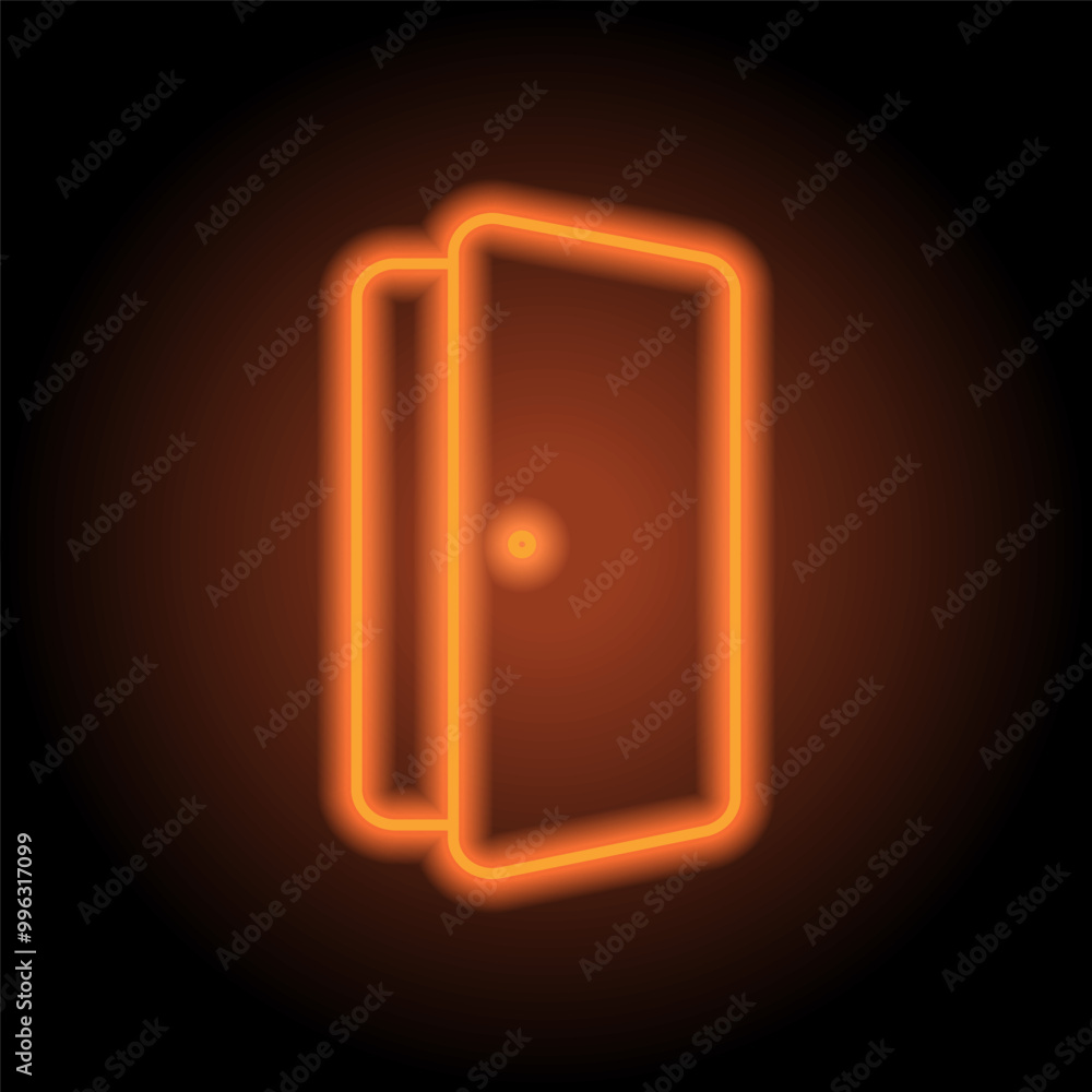 Open door simple icon vector. Flat design. Orange neon on black background Open door simple icon vector. Flat design. Orange neon on black background