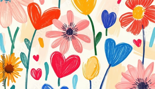 Playful crayon-drawn flowers and hearts, whimsical background, flat design illustration
