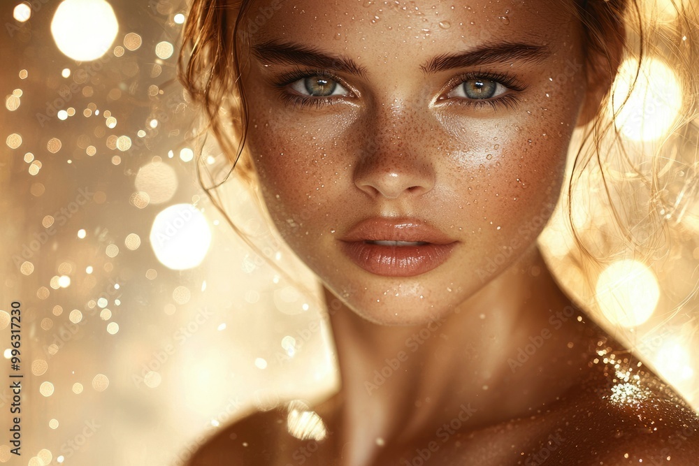 Close-up Portrait of a Woman with Water Droplets on Her Face Close-up Portrait of a Woman with Water Droplets on Her Face