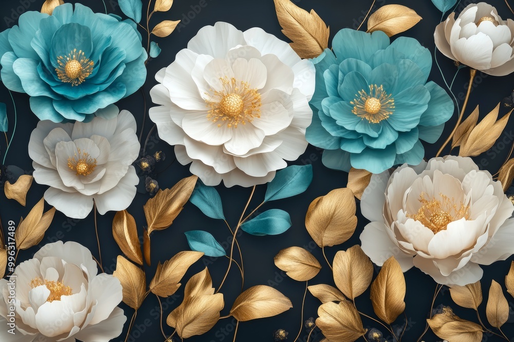 3D interior mural wall art decor wallpaper with colorful flowers and leaves. Illustration background of flowers and plants. Post-processed stock image. 3D interior mural wall art decor wallpaper with colorful flowers and leaves. Illustration background of flowers and plants. Post-processed stock image.