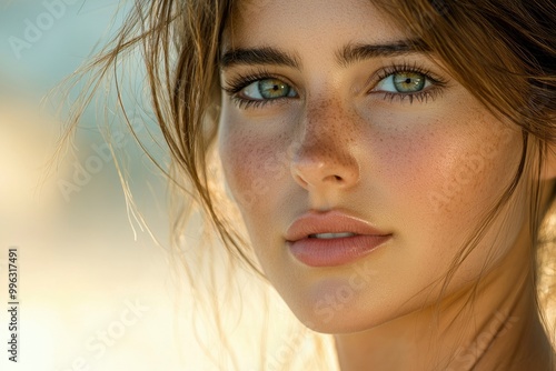 Close-up portrait of a young woman with freckles and green eyes. photo