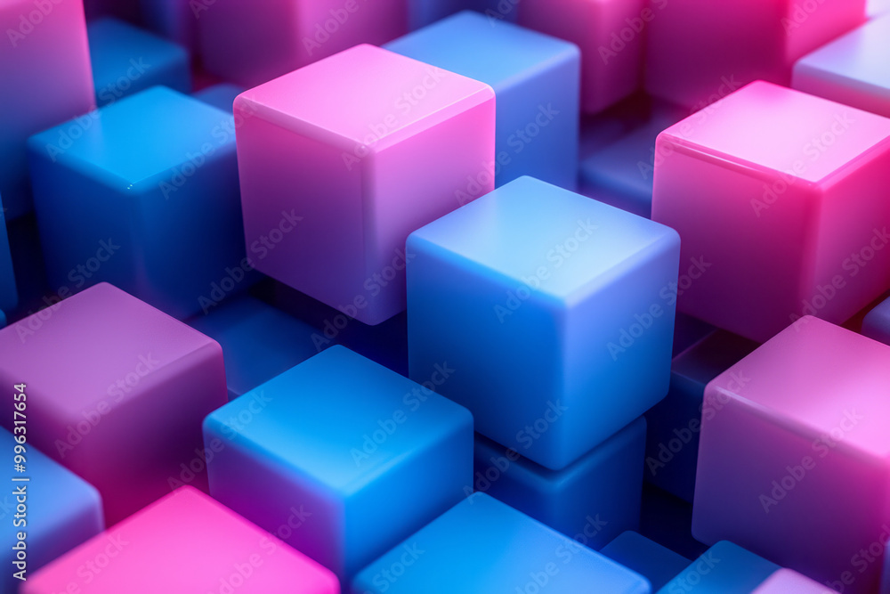 Softly blurred abstract cluster of blue and pink cubes, Softly blurred abstract cluster of blue and pink cubes,