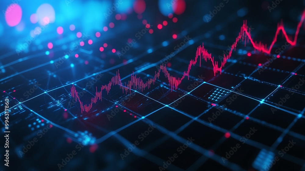 Abstract data visualization with glowing graphs and digital elements in blue and red colors, representing financial trends. Abstract data visualization with glowing graphs and digital elements in blue and red colors, representing financial trends.