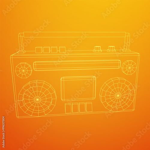 Retro Boombox outdated portable cassette tape recorder. Wireframe low poly mesh vector illustration.