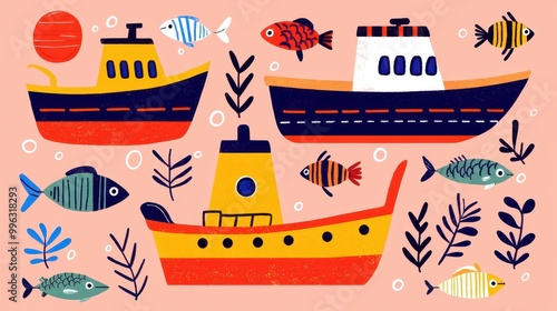 Doodle-style boats and fish, sea adventure, flat design illustration photo