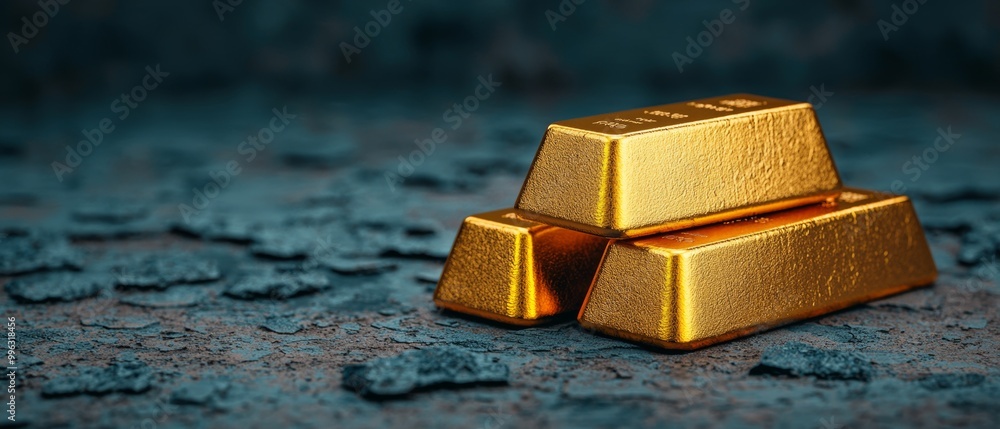 Three gold bars stacked on a textured surface, showcasing wealth and luxury. Three gold bars stacked on a textured surface, showcasing wealth and luxury.