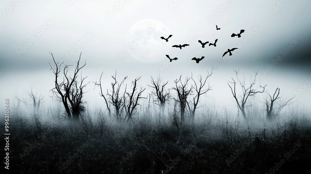 Obraz premium An eerie and horror-themed abstract landscape featuring black trees under a foggy sky, with birds flying across a full moon. The scene evokes a chilling and mysterious atmosphere, with crows soaring o