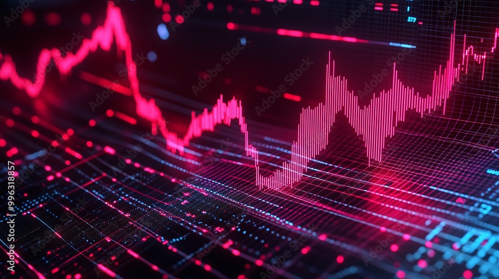 Abstract data visualization with glowing red and blue lines on dark background, representing financial or stock market trends. Abstract data visualization with glowing red and blue lines on dark background, representing financial or stock market trends.