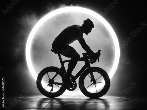 Black and white photo of a cyclist riding toward the moon on an empty road
